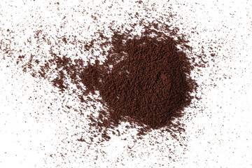 Pile of powdered, instant coffee for espresso isolated on white background, top view