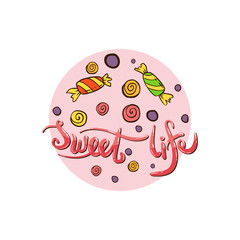 Card with ice cream and candy on white background. Vector illustration