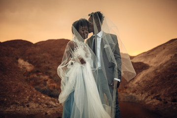 Newlyweds stand under bridal veil, smile and kiss in canyon at sunset. - obrazy, fototapety, plakaty