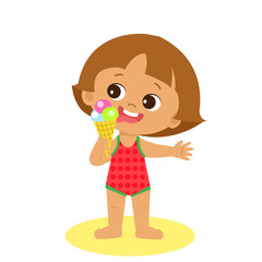 Happy Holidays. Isolated Happy Summer Girl Vector Flat Style. Cartoon Illustration Of Cute Child On The Beach. Little Girl Eating Ice Cream. Happy Childhood Memories.