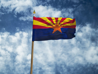Arizona flag USA flag Silk waving flag made transparent fabric of Arizona US state with wooden flagpole gold spear on background sunny blue sky white smoke clouds real retro photo 3d illustration