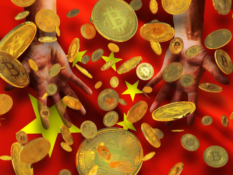 Bitcoin crypto currency China flag A lot of falling  gold bitcoins Rain of golden coins fall to the palms of the hands on China waving flag with five yellow stars background