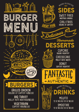 Burger restaurant menu. Vector food flyer for bar and cafe. Design template with vintage hand-drawn illustrations.