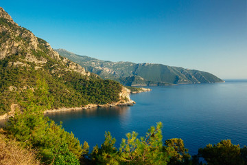 Beautiful beach view of Kabak Valley near Fethiye, Turkey. View from a hill on the Lycian Way. Turquoise colored water of Aegean sea. Paradise concept