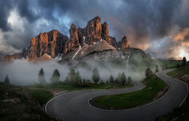 Traffic trails on mountain pass, dolomites