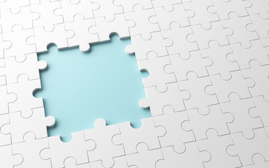 Incomplete jigsaw puzzle with missing pieces, pattern texture on white background. 3d illustration