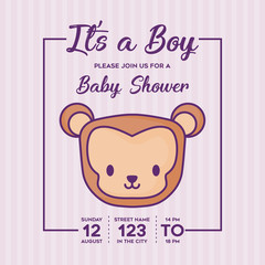 Its a boy Baby shower invitation with cute monkey icon over purple background, colorful design. vector illustration