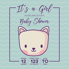 Its a girl Baby shower invitation with cute cat icon over green background, colorful design. vector illustration