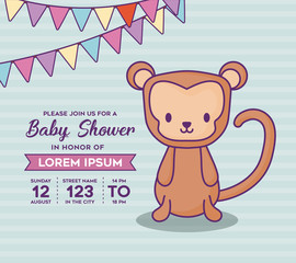 Baby shower invitation with decorative pennants and cute monkey icon over green background, colorful design. vector illustration