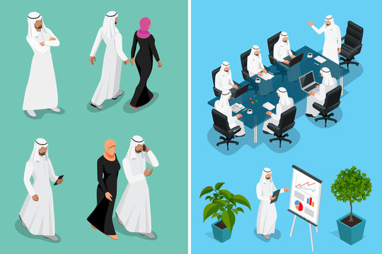 Isometric Businessman Saudi Arab Man And Woman Character Design With Different Poses, Car On Blue Background Isolated Vector Illustration. Arabic Business Man On Traditional National Muslim Clothes.