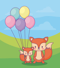 Obraz na płótnie Canvas cute foxes with balloons over landscape background, colorful design. vector illustration