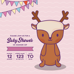 Obraz premium Baby shower invitation with decorative pennants and cute deer icon over pink background, colorful design. vector illustration