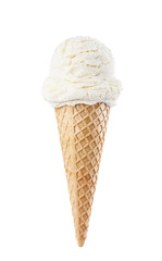 Vanilla ice cream scoop with cone isolated on white background