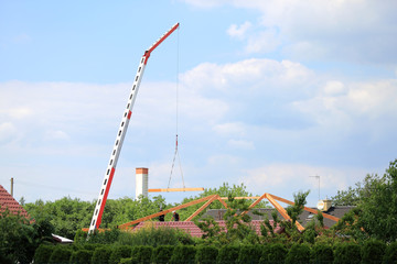 Fototapeta Robotnicy na budowie dachu z drewnianych belek. obraz