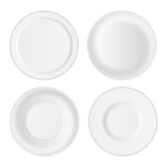 Creative vector illustration set of 3D white round realistic plate dish isolated on transparent background. Art design porcelain soup empty utensil, bowl. Abstract concept graphic dishware element