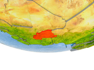 Burkina Faso in red on Earth model