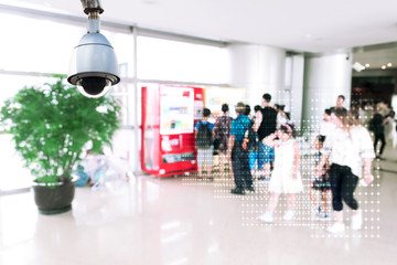 Machine Learning analytics identify person technology , Artificial intelligence concept. Cctv , security camera and Software ui analytics behavior and face recognition people in smart retail store.