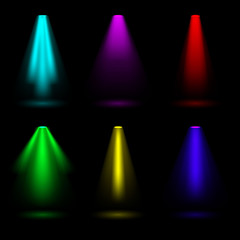 Creative vector illustration of bright lighting spotlights set, light sources isolated on transparent background. Art design beam for concert, scene illumination. Abstract concept graphic element