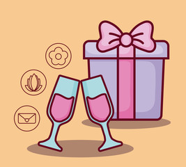 gift box with online dating related icons over orange background, colorful design. vector illustration