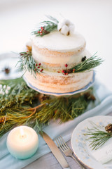 2 tier rustic wedding cake decorated with pine, berries and cotton flower on the wedding table with decor, plates and candles