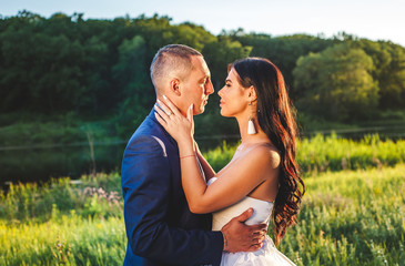 portrait of the bride and groom in nature on a sunny day, a couple in love is kissing in nature