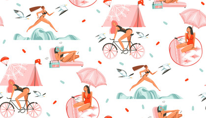 Hand drawn vector abstract graphic cartoon summer time flat illustrations seamless pattern with beauty sport girls,relaxing,running and ridding on bike isolated on white background