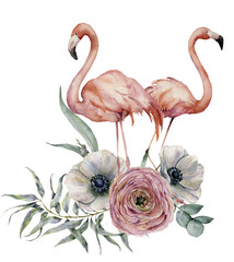 Watercolor couple flamingo with ranunculus and anemone bouquet. Hand painted exotic birds with eucalyptus leaves isolated on white background. Wildlife illustration for design, print or background.
