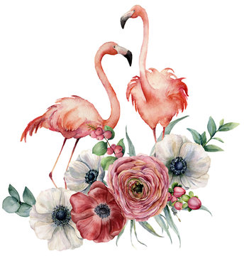 Watercolor flamingo with ranunculus bouquet. Hand painted exotic birds with anemone, eucalyptus leaves and branch isolated on white background. Wildlife illustration for design, print or background. © yuliya_derbisheva