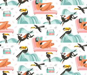 Hand drawn vector abstract graphic cartoon summer time flat illustrations seamless pattern with girls characters relax on the beach with tropical toucan birds isolated on white background