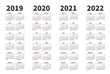Calendar 2019, 2020, 2021 and 2022 year vector design template. Simple minimalizm style. Week starts from Sunday. Portrait Orientation. Set of 12 Months