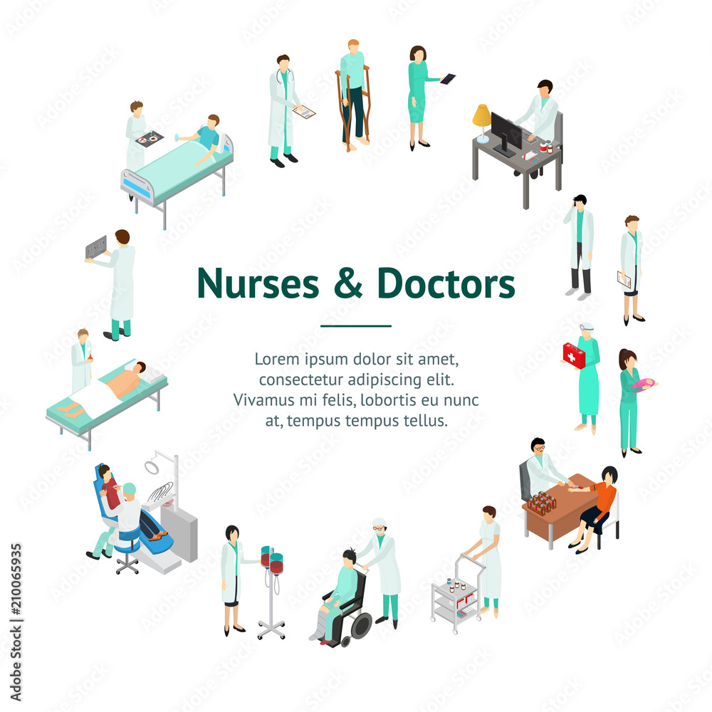 Canvas Prints Nurses Attending Patients Banner Card Circle Isometric View. Vector