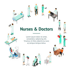 Nurses Attending Patients Banner Card Circle Isometric View. Vector
