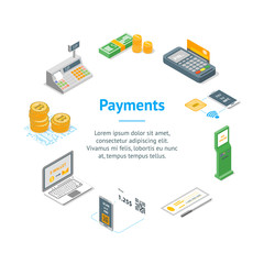Payment Methods Banner Card Circle Isometric View. Vector