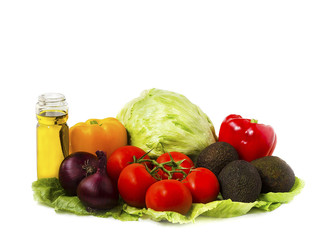 oliva oil and vegetables on a white background