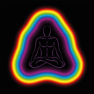 Meditating man in yoga position with colorful aura or subtle body. Isolated vector illustration on black background.