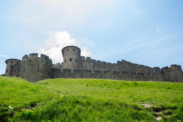Fortress wall of the medieval city Carcassonne in France © allai