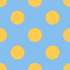 Seamless pattern with polka dots, circles, points. Classic tile ornament. Yellow dots on blue background