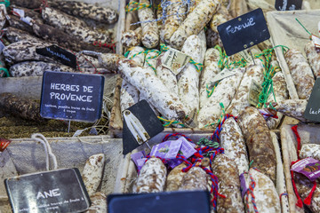 Aix-en-Provence, FRANCE, on March 6, 2018. Various farmer French sausages are laid out on counters