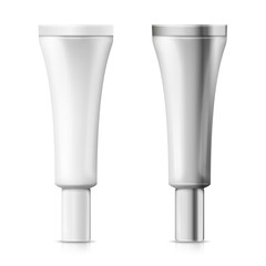 Vector set - 3d realistic makeup tubes, plastic and aluminum, standing on the caps. Mock-up for product package branding.