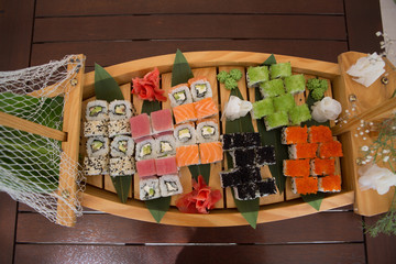 set of rolls on the ship. set sush. Japanese food