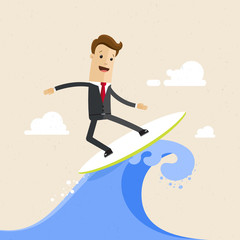 Happy businessman surfing on the wave. Flat vector illustration.