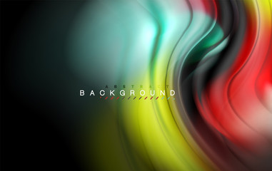 Fluid liquid colors design, colorful marble or plastic wavy texture background, glowing multicolored elements on black, for business or technology presentation or web brochure cover design, wallpaper