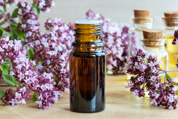 A bottle of oregano essential oil with fresh blooming oregano