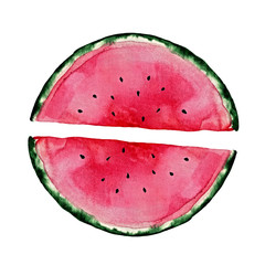 Hand painted watermelon slice isolated on white background. Sweet dessert. Food illustration for design, print or fabric