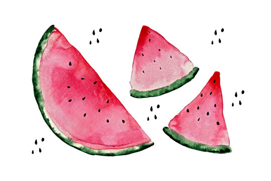 Pink juicy isolated watercolor watermelon slices with seeds on white background