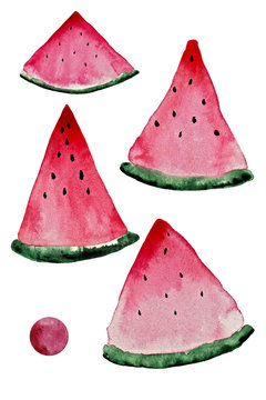Juicy watermelon set isolated on white background, watercolor hand drawn illustration.
