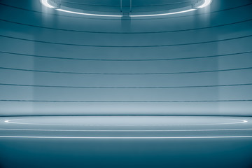 Futuristic pedestal or platform with Chandelier. Blank product poduim or stand. Future empty stage with glow light. Future background. 3d rendering