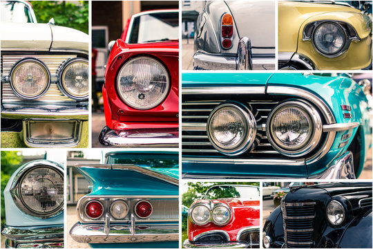 Oldtimer Collage von Scheinwerfern und R&uuml;ckleuchten