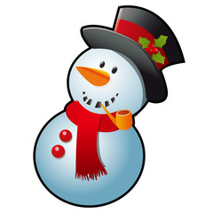 Snowman in a red scarf and black cylinder hat isolated on white background. Sketch for greeting card, festive poster or party invitations.The attributes of Christmas and New year. Vector illustration.