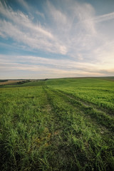 Beautiful dramatic sunrise in the mountains. Landscape with sunlight shining through orange clouds